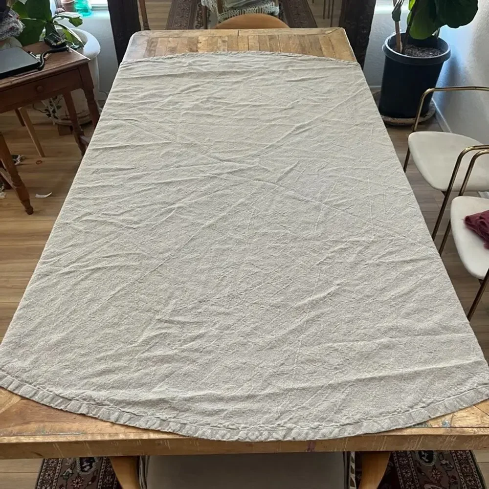 Crate & Barrel Round Linen Neutral Beckett Tablecloth 90